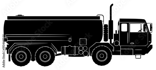 A black and white silhouette of a large tanker truck, black, garbage truck, illustration, profile, tank, trailer truck, truck, against transparent background