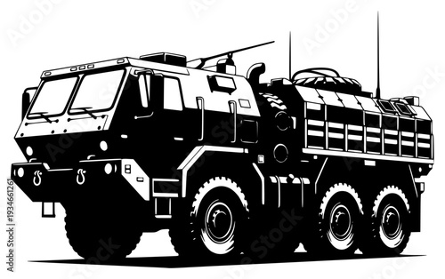 A black and white silhouette of an armored vehicle, army, black, equipment, fire truck, illustration, profile, tank, truck, vehicle, against transparent background
