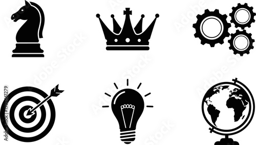 Collection of six black icons representing business strategy, success, and global reach