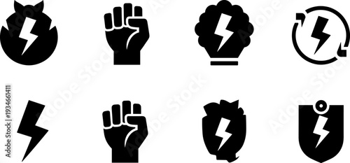 Collection of black lightning bolt and fist icons representing power and energy