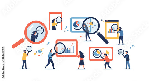 Numerous small cartoon figures are actively engaged in analyzing data and charts using oversized magnifying glasses on a white background.