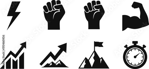Icons representing strength, growth, and determination in various themes