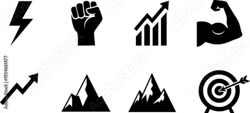 Collection of black icons representing success, strength, and achievement on a white background