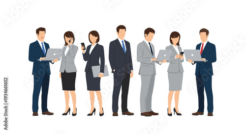 Six diverse business professionals, dressed in formal suits, are standing and actively using laptops and smartphones on a clean white background.