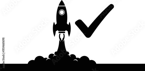 Black rocket launching with a checkmark symbol indicating success and approval