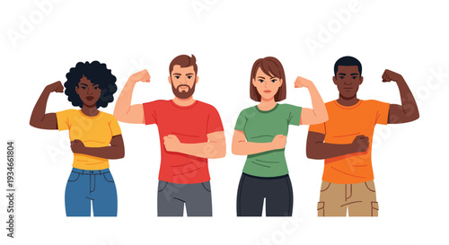 Four diverse individuals, two men and two women, are standing together and proudly flexing their biceps towards the viewer.