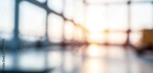 Blurred image of a modern interior space with large windows allowing sunlight to illuminate the area. Soft colors create a tranquil ambiance in the scene.