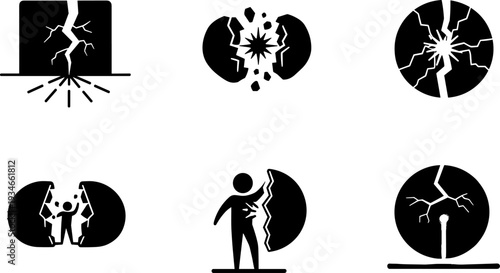 Set of icons representing breaking, cracking, and bursting concepts with abstract and human elements