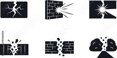 Collection of icons depicting destruction, breaking, and impact events