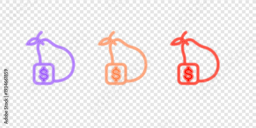 Vibrant Neon Money Bag Icons with Dollar Sign in Purple, Orange, and Red Hues
