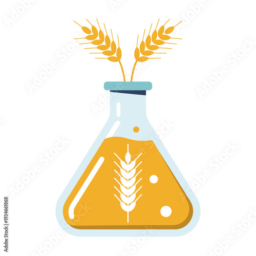 Laboratory flask containing yellow liquid and wheat stalks symbolizes biochemical research.