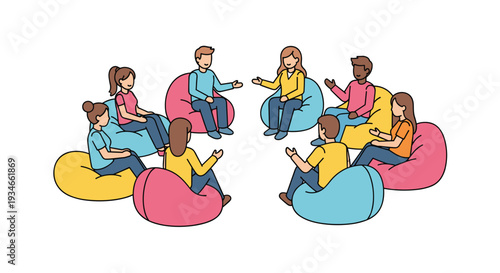 Eight diverse cartoon individuals are comfortably seated in a circular formation on brightly colored beanbag chairs, engaging in a group discussion.