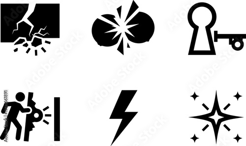 Collection of six abstract icons representing concepts like breaking, solutions, and energy