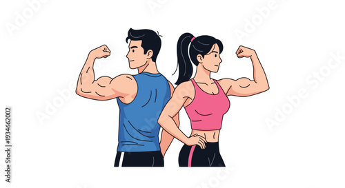 An athletic man and woman with dark hair stand back-to-back, flexing their biceps in a cartoon illustration against a plain white background.