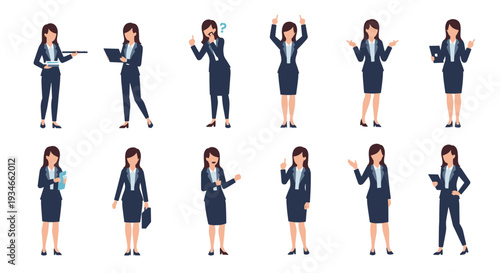 A collection of twelve diverse cartoon illustrations depict a dark-haired businesswoman in a blue suit performing various actions against a plain white backdrop.
