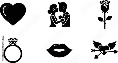 Collection of romantic icons including a heart, couple, rose, ring, lips, and cupid's arrow
