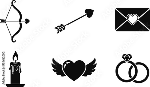 Collection of romantic symbols including a bow and arrow, heart, candle, and rings