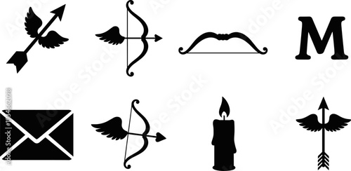 Collection of black vector icons representing love and romance elements on a white background