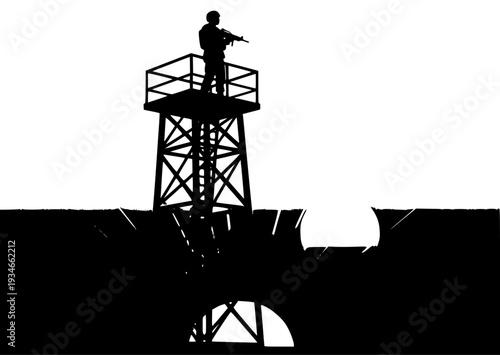 th two large white orbs in the background, binocular, gun, horizon, lighthouse, man, observation tower, profile, rifle, scaffold, sea, sky, stand, sun, telescope, tower, against transparent background