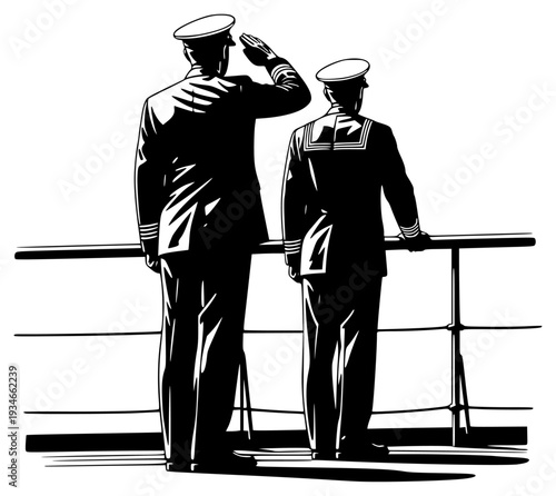 ng from a balcony, army, balustrade, black, boat, captain, commander, deck, illustration, man, marine, navy, officer, profile, rail, sailor, salute, sea, stand, uniform, against transparent background