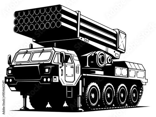 A black and white illustration of a military vehicle with a missile launcher, army, crane, equipment, illustration, load, log, missile, tank, truck, vehicle, against transparent background