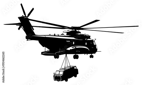 ry helicopter lifting a vehicle, army, attach, black, cargo, crane, equipment, fly, helicopter, hook, illustration, ladder, lift, load, palette, profile, propeller, sky, against transparent background