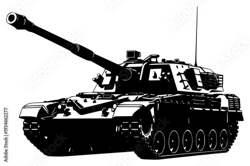 A black and white silhouette of a tank on a , army, illustration, profile, tank, turret, against transparent background