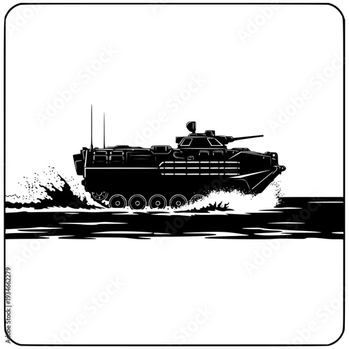 A black and white illustration of an armored vehicle driving through rough terrain, army, black, boat, illustration, image, motorboat, sea, tank, travel, vessel, water, against transparent background
