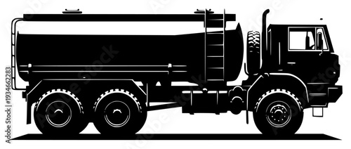 A black and white silhouette of a large tanker truck, black, garbage truck, image, profile, tank, trailer truck, truck, white, against transparent background