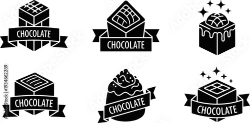 Collection of six black and white chocolate icons with ribbons and stars