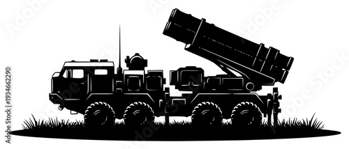 d white silhouette of a military vehicle with a missile launcher, army, crane, equipment, floor, grass, illustration, lift, load, missile, profile, trailer truck, truck, against transparent background