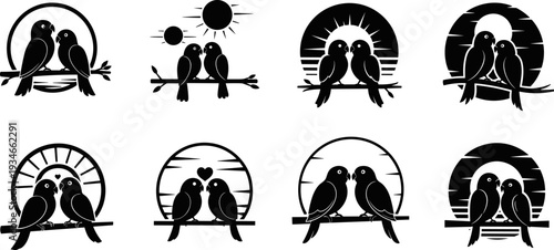 Collection of romantic love bird couple silhouettes perched on branches against sunset backgrounds
