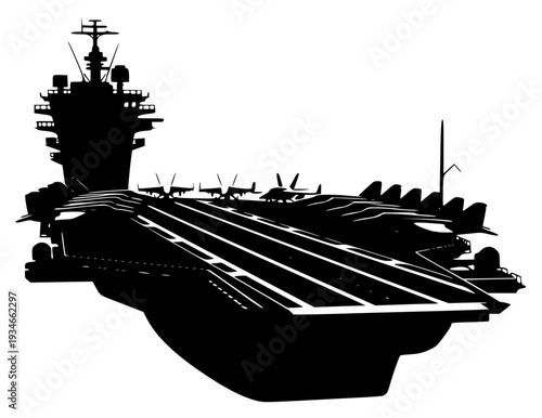 A black and white silhouette of an aircraft carrier, aircraft carrier, battleship, black, boat, illustration, profile, sea, vessel, warship, against transparent background