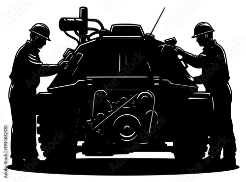 wearing hard hats and overalls work on a large armored vehicle, army, black, equipment, illustration, job, man, mechanic, operate, repair, tank, turret, vehicle, worker, against transparent background