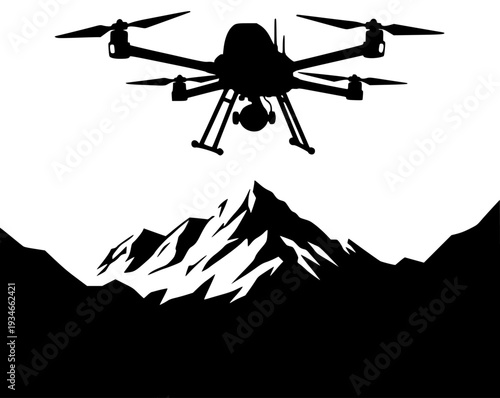 A black and white silhouette of a drone flying over a mountainous landscape, antenna, black, drone, fly, illustration, mountain, mountain landscape, sky, against transparent background