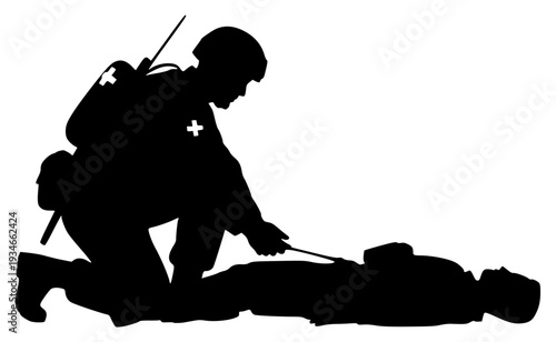 A silhouette of a soldier kneeling over a person on a gurney, equipment, floor, instrument, man, paramedic, patient, person, profile, stretcher, tool, violin, against transparent background