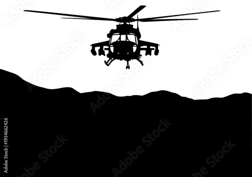 A black and white silhouette of a military helicopter flying over mountains, army, black, fly, helicopter, mountain, mountain landscape, profile, sky, against transparent background