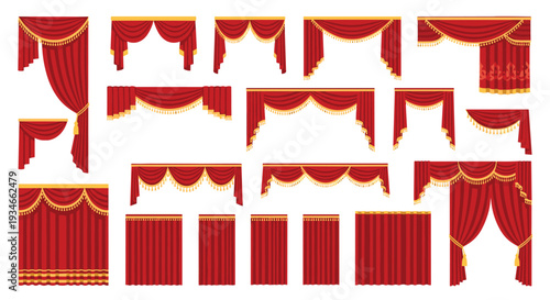 A comprehensive collection of nineteen ornate red curtains, featuring gold trim and tassels in various styles, are displayed against a white background.