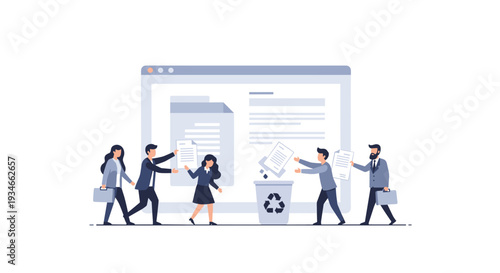 Five cartoon business people, three men and two women, are actively managing and discarding documents around a large computer screen displaying files.