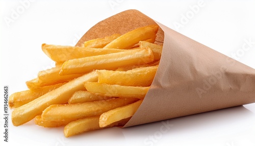 crispy french fries in a brown paper bag isolated on a white background golden deep fried potato sticks classic fast food snack