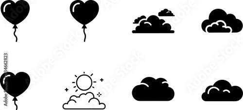 Collection of simple black icons featuring heart balloons and various cloud formations