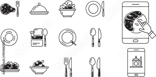 PrintCatering and restaurant service icon set with cutlery and food delivery symbols. Food plate, fork, knife, spoon and mobile app thin line vector illustration.