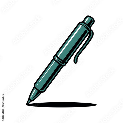 Teal ballpoint writing instrument rests diagonally with a cast shadow on a bright white.