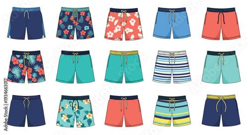 Fifteen distinct pairs of men's swim shorts with various tropical floral, striped, and solid color patterns are displayed on a light background.