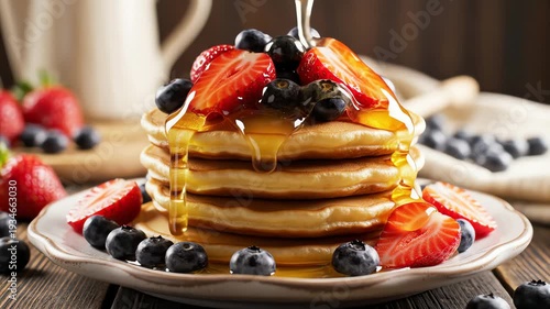 Stack of pancakes with berries and syrup on a plate