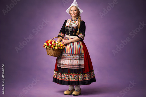 Full-body photorealistic portrait of a woman from Holland wearing an authentic  traditional national costume.Highly detalied fabrics, realistic textures, intricate embroidery.