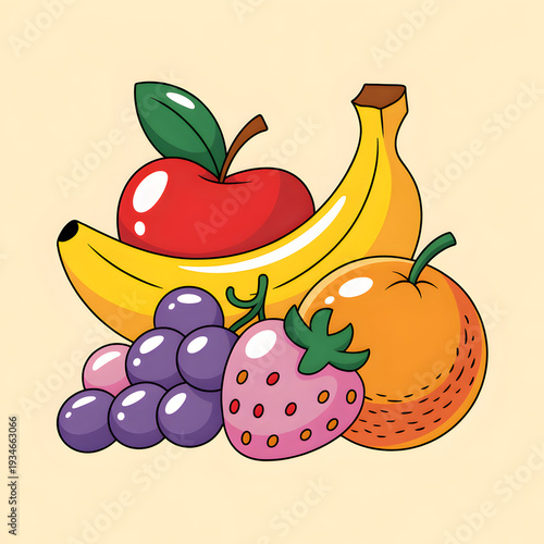 Bright Cartoon Fruit Still Life — Colorful Illustration of Apple, Bananas, Orange, Lemon and Purple Grapes on Soft Beige Background for Food Packaging, Kids’ Art and Healthy Eating Designs