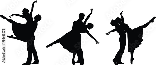 Black Vector Silhouettes of Romantic Couple Dancing Ballet and Ballroom Style with Elegant Lifts and Poses for Artistic Performance Concept