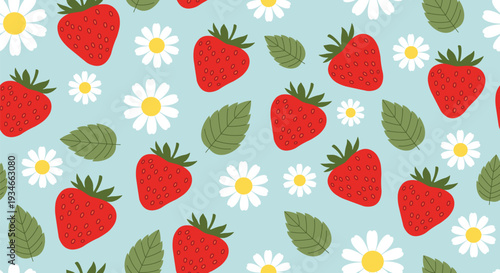 Vibrant strawberry pattern with daisies on blue background