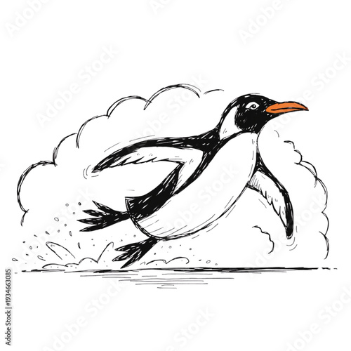 Hand drawn sketch of a happy penguin running quickly through the snow with an orange beak Vector, illustration